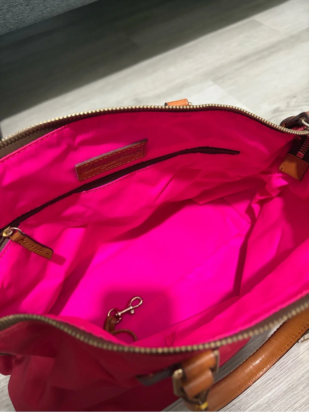 Dooney & Bourke Red Nylon Satchel with Tan Leather Trim and Gold Hardware